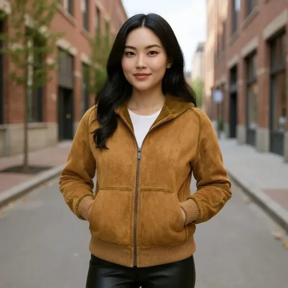 UGG Suede Leather and Faux Fur Lined Hooded Bomber Jacket | Size M - Picture 2 of 14